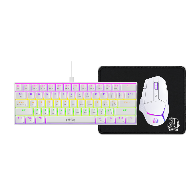 Combo Gamer Raptor Teclado Mecánico 68 teclas White + Mouse RGB 8000dpi White + Mouse Pad S Combo Gamer Raptor Teclado Mecánico 68 teclas White + Mouse RGB 8000dpi White + Mouse Pad S