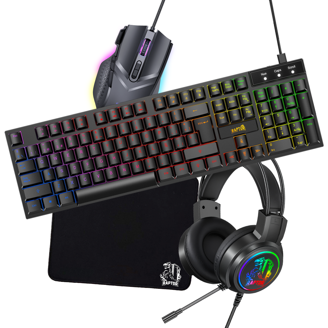 Combo Gamer Raptor Teclado Membrana 104 teclas + Mouse RGB 7200dpi + Mouse Pad S + Auricular 3.5